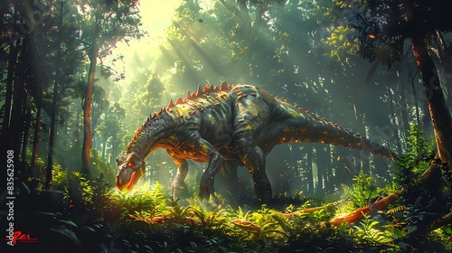 Plateosaurus feeding plants in a dense forest with sunlight streaming through the trees