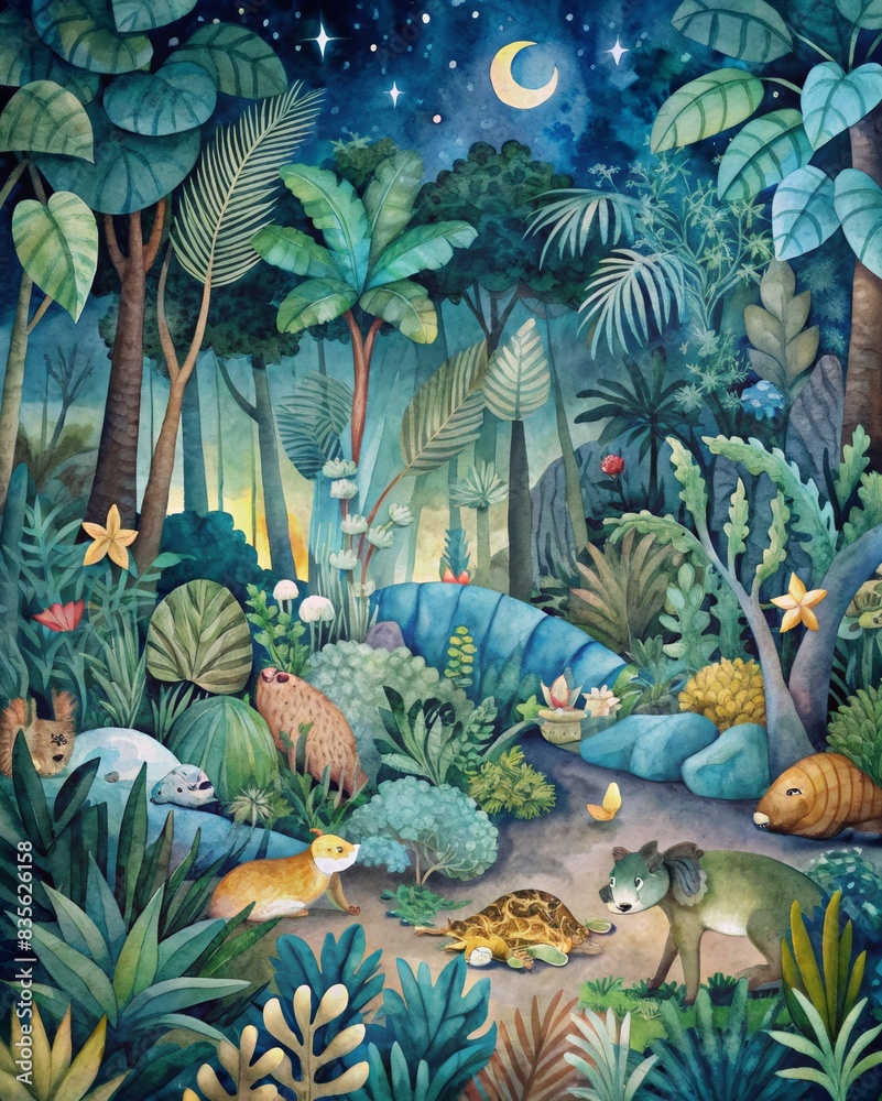 Obraz premium tropical forest cartoon and animals