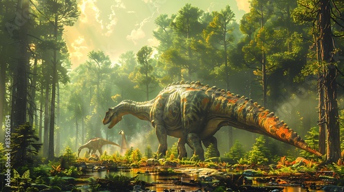 Plateosaurus feeding plants in a dense forest with sunlight streaming through the trees and other dinosaurs nearby