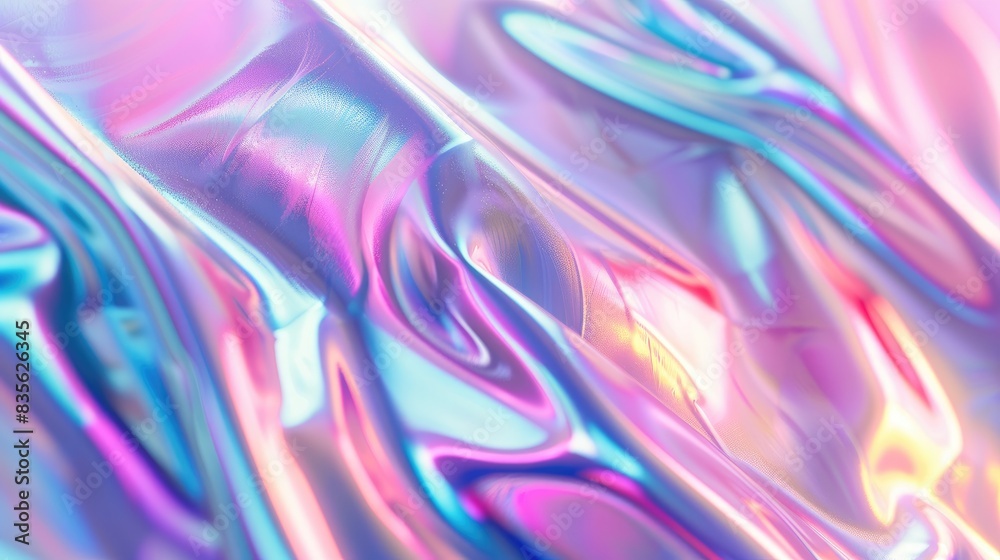 Close up of iridescent holographic metallic foil background with pastel neon colors Abstract contemporary blurred curved surreal futuristic backdrop for disco rave techno and festive dreamli