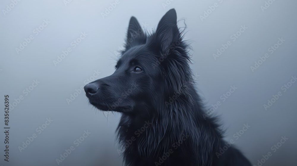 belgian sheepdog, groenendael black dog portrait wallpaper with good expression and blurred neutral background
