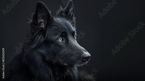 belgian sheepdog, groenendael black dog portrait wallpaper with good expression and blurred neutral background © Dekastro