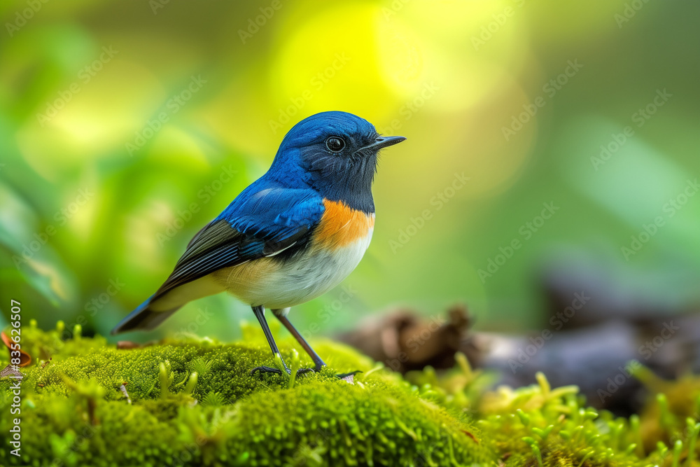 Beautiful blue bird, White-bellied Redstart (Luscinia phaenicuroides) standing on green mossy ground, exotic nature
Beautiful blue bird, White-bellied Redstart (Luscinia phaenicuroides) standing on green mossy ground, exotic nature