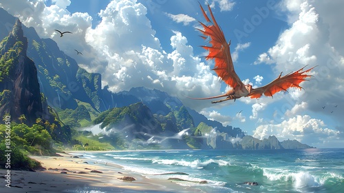 Quetzalcoatlus flying above tropical coastline with waves crashing on the shore photo