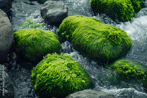 Background of mossy green stones in the sea