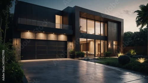 modern luxury house with garage door and concrete floor