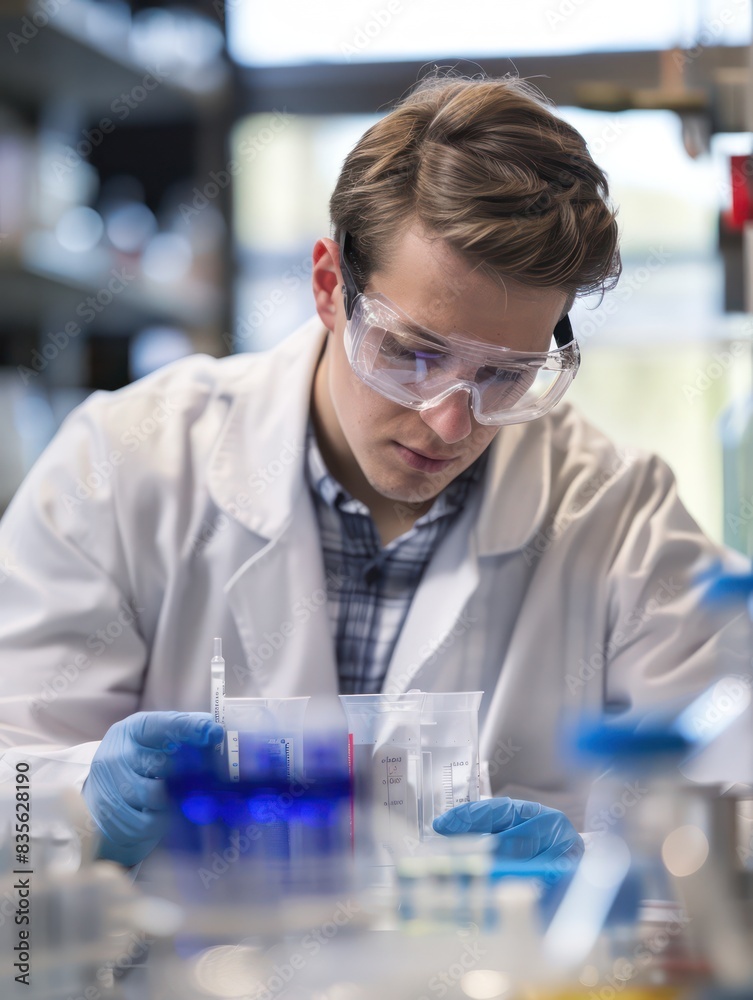 An engineering student conducting experiments in a laboratory, wearing safety goggles and gloves for protection. stock photo An engineering student conducting experiments in a laboratory, wearing safety goggles and gloves for protection. stock photo