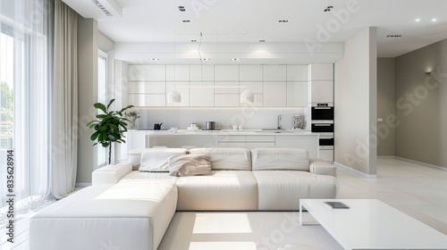 Modern kitchen and modern living room in white interior design