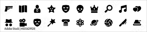 Set of cinema genre icons. 20 sets of cinema genre icons. Cinema genre icons.  Simple glyph cinema genre icons