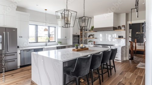 Sophisticated and stylish modern farmhouse kitchen and dining space with a white marble-topped bar, charcoal gray velvet dining chairs, and a mix of rustic and minimalist lighting.