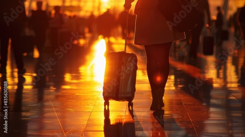 A lifelike close-up of a traveler's hand pulling a suitcase through a busy airport terminal, with the soft glow of sunset casting long shadows