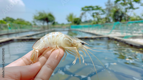 farmer holding white vannamei prawn with his hand, modern shrimp farming pond environment photo