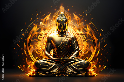 Burning fire Golden Buddha illustration. Burning buddha wallpaper background