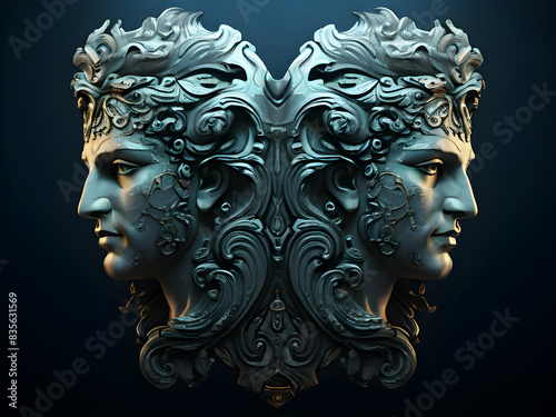 Janus, the two faces Roman anscient God. Janus wallpaper illustration concept with their faces turned away from each other