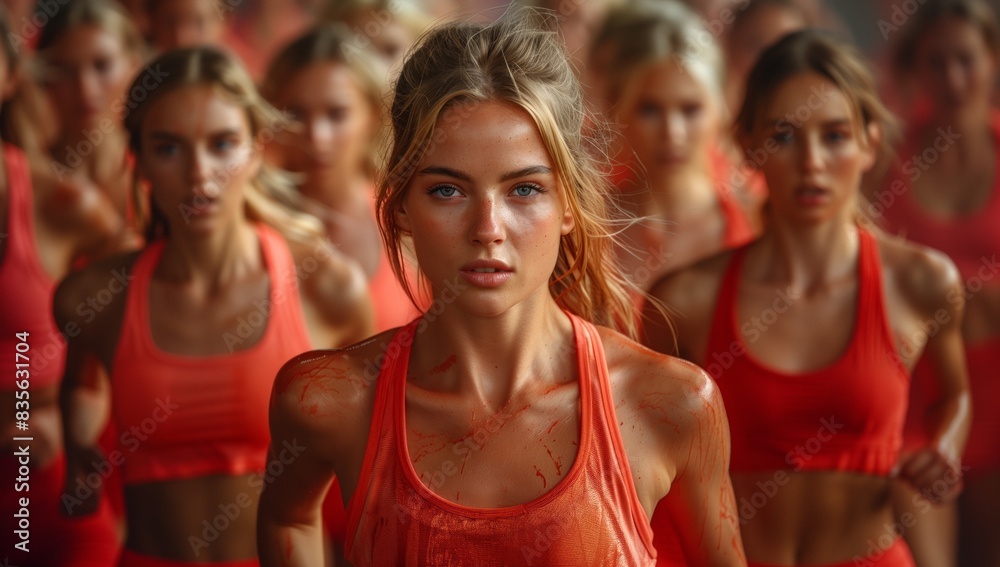 A lineup of women in red active tank tops looking ready for a fun event