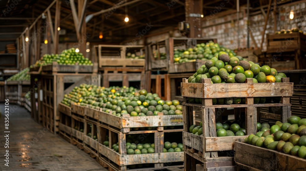 Wooden crates filled with ripe avocados, stacked neatly and ready for shipment in a rustic warehouse