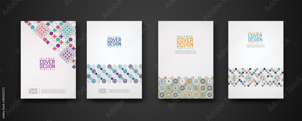 Fototapeta premium Set islamic cover design template with colorful detail and texture of floral mosaic islamic art ornament.
