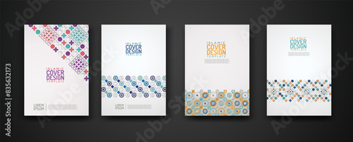 Set islamic cover design template with colorful detail and texture of floral mosaic islamic art ornament.
