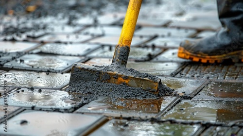Wet paver surface with polymeric sand being carefully applied, rain falling and splashing around
