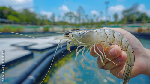 farmer holding white vannamei prawn with his hand, modern shrimp farming pond environment photo