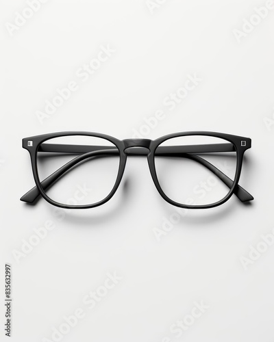 Create a hyperrealistic mockup of a pair of eyeglasses that merges design elements from two distinct frames The glasses should feature minimalist black steel frames, embodying a sl