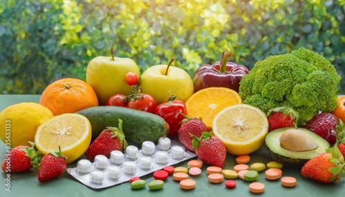 Assorted fruits and vegetables with pills on yellow background  concept of health and nutrit 