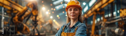 A female worker in a factory, wearing a hard hat, looking at the camera. photo