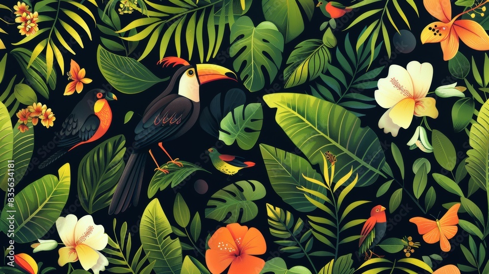 Seamless pattern with birds. Lovely, pretty pattern of parrots and flowers, leaves. For fabric, silk, printing. Seamless pattern with birds. Lovely, pretty pattern of parrots and flowers, leaves. For fabric, silk, printing.