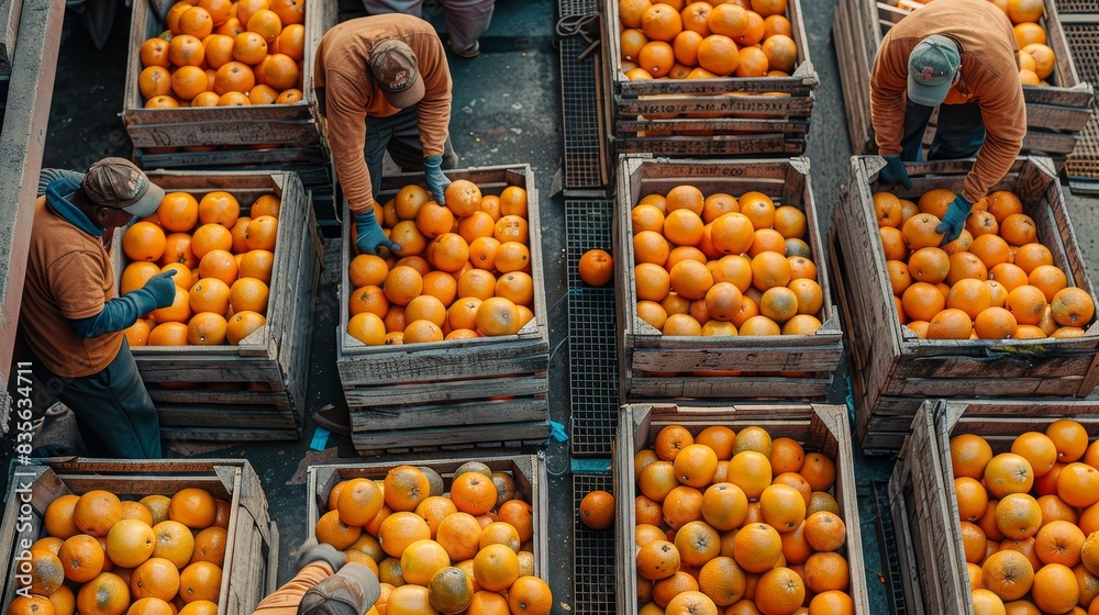 Sturdy wooden crates packed with oranges, arranged on a loading dock with workers preparing them for shipment, natural and unpolished