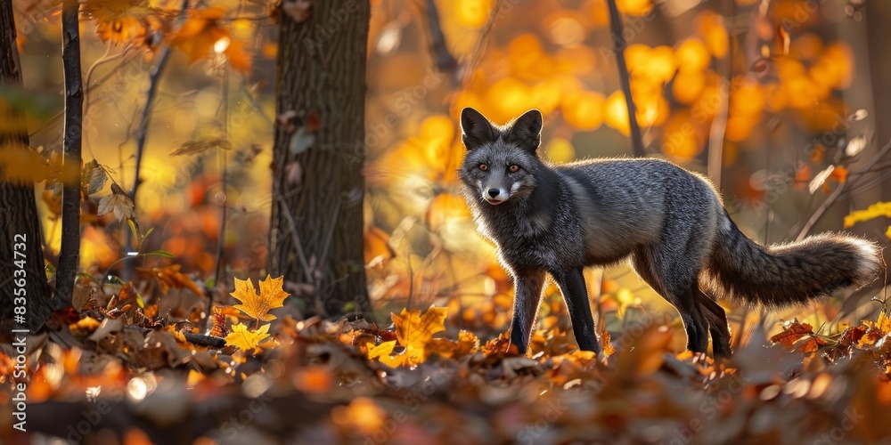 Black fox walking through a forest with leaves. Wildlife photography. Black fox walking through a forest with leaves. Wildlife photography.