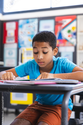 Quadro em tela Biracial boy focused on reading a book at school