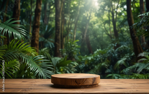 Wooden circular podium in a tropical forest with a pristine natural atmosphere. ropical plants and palm trees  a platform for product demonstrations