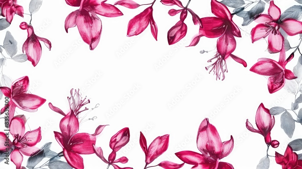 Floral Frame with Vibrant Fuchsia Sketch on White Background Floral Frame with Vibrant Fuchsia Sketch on White Background