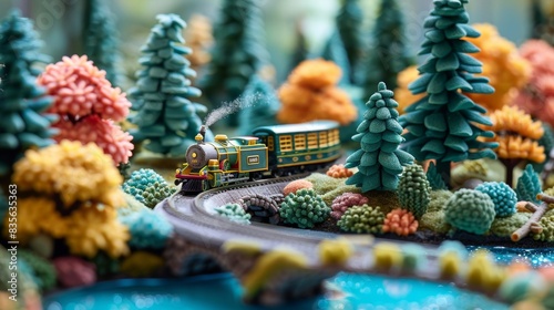 Close up, a model train made of colorful clay travels through a miniature forest landscape with detailed trees and animals, all crafted from plasticine