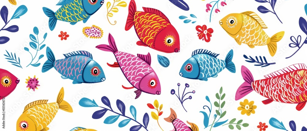 Seamless pattern with fish. Lovely, pretty pattern of fish and flowers, leaves. for fabric, silk, printing. Seamless pattern with fish. Lovely, pretty pattern of fish and flowers, leaves. for fabric, silk, printing.