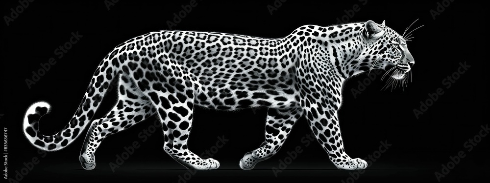 Fototapeta premium Wild beauty majestic leopard roaming in the darkness on a black background with a striking white spot