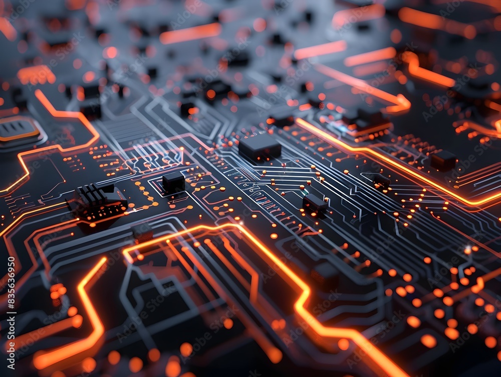 Futuristic Glowing Circuit Board with Luminous Connections and Microchips Futuristic Glowing Circuit Board with Luminous Connections and Microchips