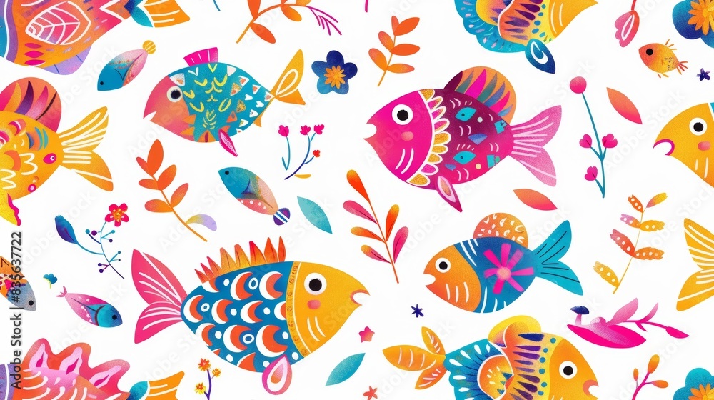 Seamless pattern with fish. Lovely, pretty pattern of fish and flowers, leaves. for fabric, silk, printing. Seamless pattern with fish. Lovely, pretty pattern of fish and flowers, leaves. for fabric, silk, printing.