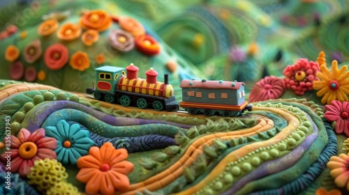 Close up, a colorful plasticine train travels through a whimsical landscape with rolling hills, clay flowers, and trees © Paul