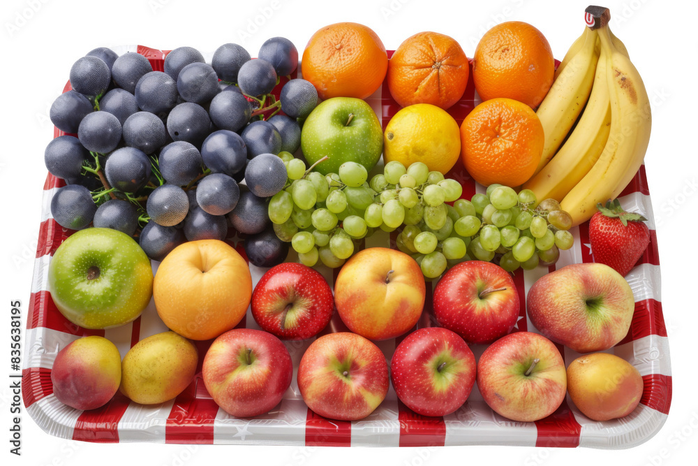 A tray of assorted fruits including apples, oranges, bananas, and grapes A tray of assorted fruits including apples, oranges, bananas, and grapes