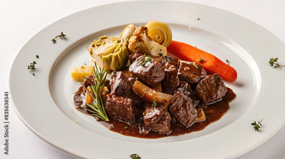 Beef bourguignon cooked in red wine served with artichoke and seasoned vegetables on a white plate against a white backdrop Beef bourguignon cooked in red wine served with artichoke and seasoned vegetables on a white plate against a white backdrop