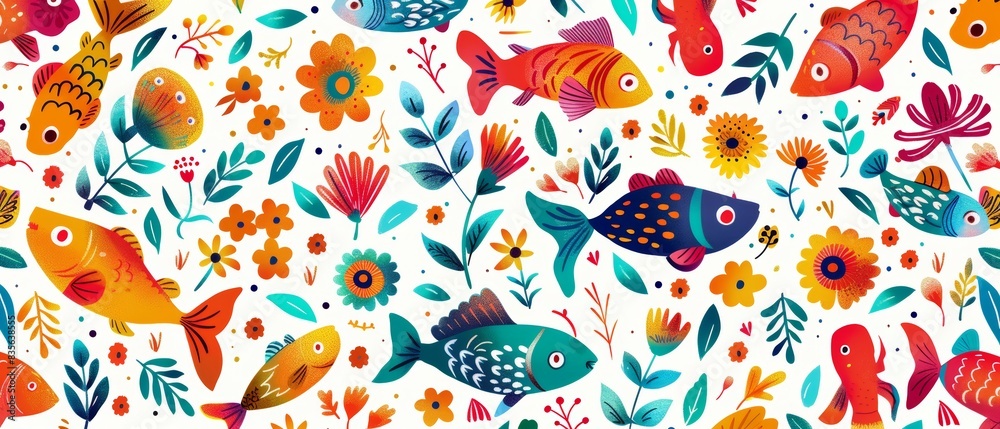 Seamless pattern with fish. Lovely, pretty pattern of fish and flowers, leaves. for fabric, silk, printing. Seamless pattern with fish. Lovely, pretty pattern of fish and flowers, leaves. for fabric, silk, printing.