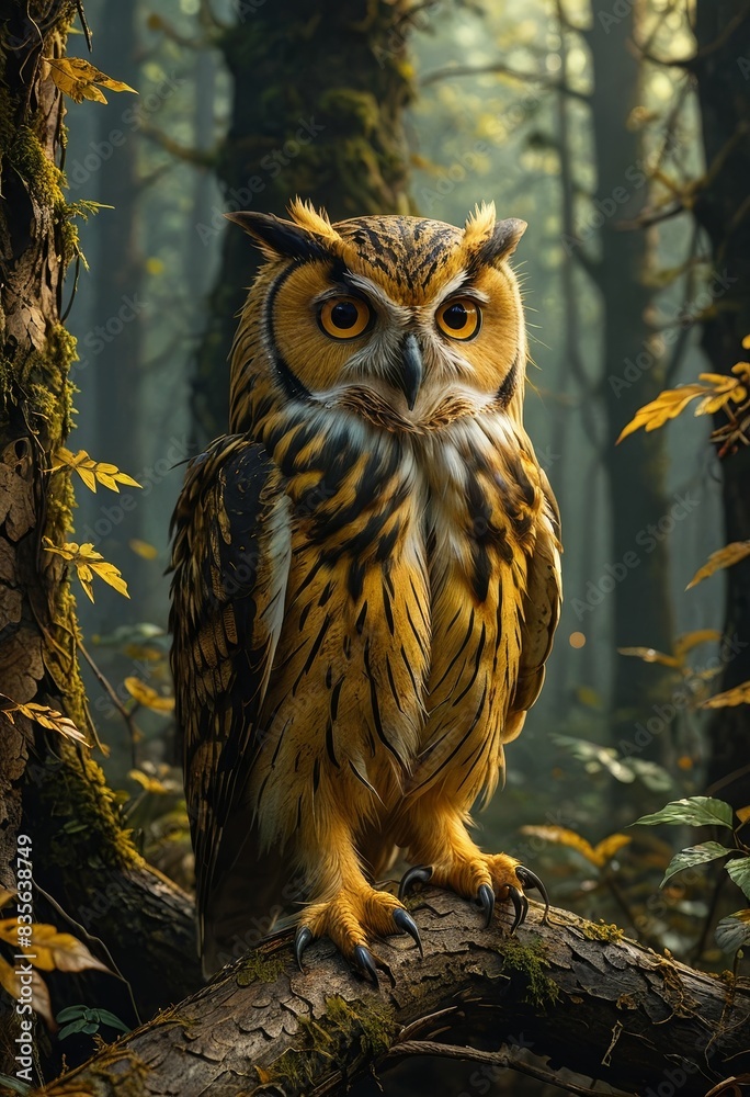 Majestic Owl Perched in a Lush Forest Majestic Owl Perched in a Lush Forest