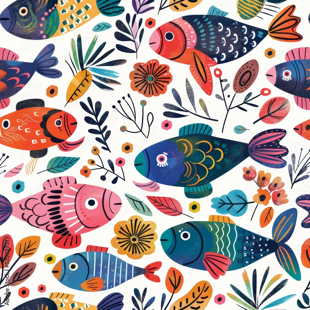 Seamless pattern with fish. Lovely, pretty pattern of fish and flowers, leaves. for fabric, silk, printing.