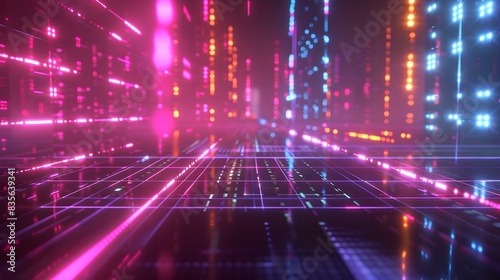 Dynamic Futuristic Neon Cityscape with Illuminating Grid Patterns and Vibrant Glowing Backdrop