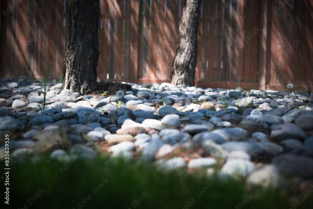 Obraz premium Backyard with trees and stone ground cover