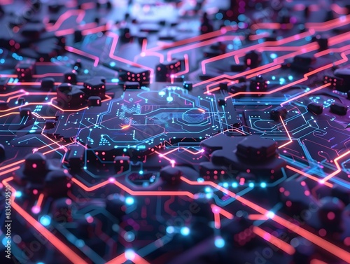Futuristic abstract technology circuit with glowing neon lines and interconnected digital energy flow