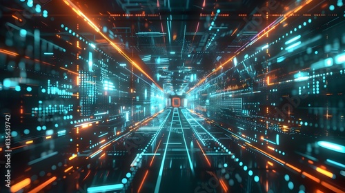 Futuristic Data Tunnel with Glowing Neon Lights and Abstract Visualization