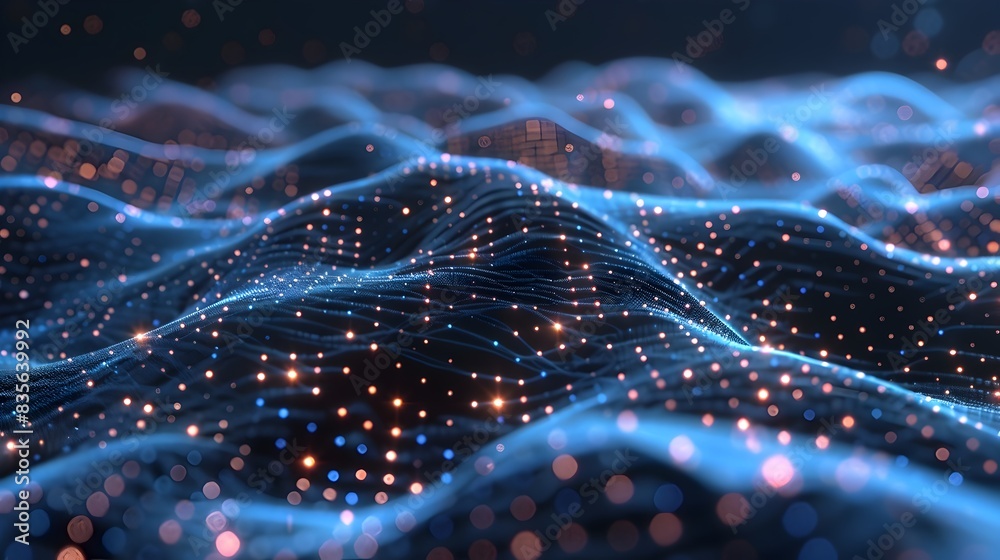 Fototapeta premium Futuristic Digital Landscape with Flowing Polygonal Particles and Interconnected Network