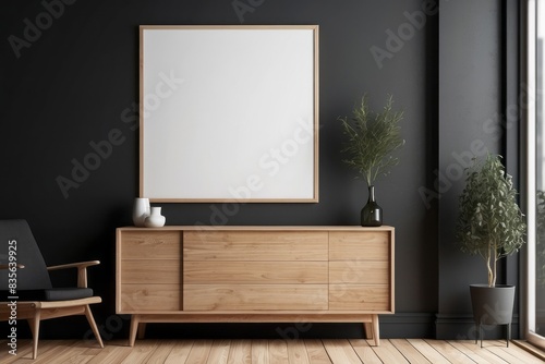 Interior home of living room with blank frame poster mock up on wooden cabinet on black wall copy space  hardwood floor